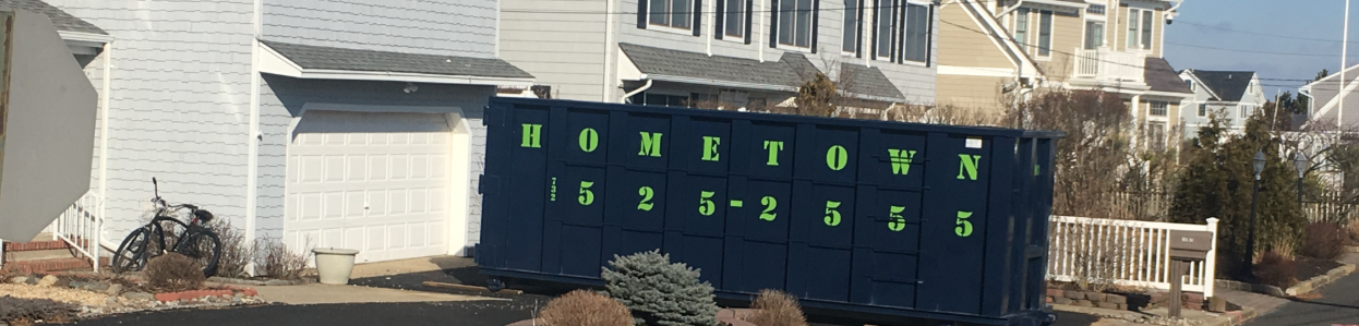 blue dumpster in residential driveway