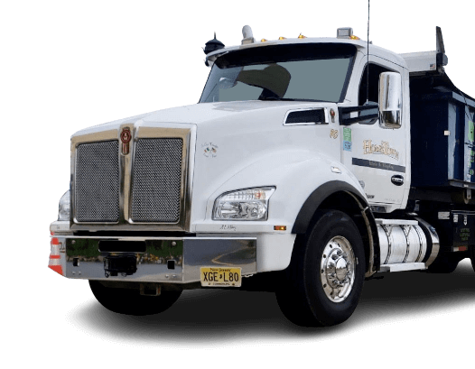 front of white dumpster truck